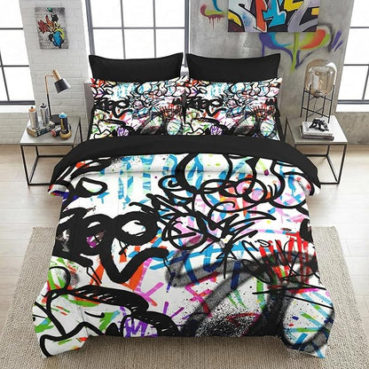 7 Pcs King Size Comforter Set with 2 Pillowcases & 2 Shams, Urban Modern Fashion Bedding for Kids and Adults, Abstract Graffiti Bed in a Bag with Flat Fitted Sheet