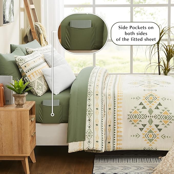 Geniospin Queen Comforter Set - 7 Pieces Reversible Bedding Set, Boho Bed in A Bag, Lightweight Soft Aztec Bedding, All Season Bed Comforter Set with Sheets, Pillowcases & Shams