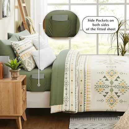 Geniospin Queen Comforter Set - 7 Pieces Reversible Bedding Set, Boho Bed in A Bag, Lightweight Soft Aztec Bedding, All Season Bed Comforter Set with Sheets, Pillowcases & Shams