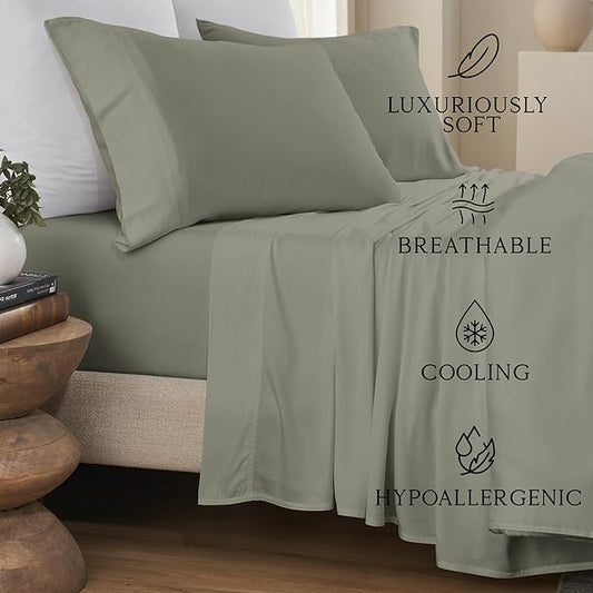 KARISSA MAE Cooling Bamboo Viscose 34" Split Top King Sheet Set | 100% FSC Certified | 18” Deep Pocket | Silky, Soft, & Hypoallergenic | with Organizer Band & Elastic Corner Straps [Cypress Green]
