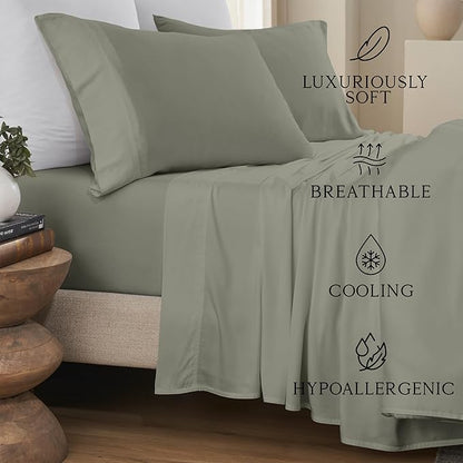 KARISSA MAE Cooling Bamboo Viscose Split King Sheet Set | 100% FSC Certified | 18” Deep Pocket | Silky, Soft, & Hypoallergenic | with Organizer Band & Elastic Corner Straps [Cypress Green]
