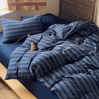 EAVD Retro Striped Duvet Cover Full Navy Blue Soft 100% Washed Cotton Reversible Stripes Pattern Bedding Set with 2 Pillowcases Farmhouse Geometric Pattern Duvet Cover with Zipper Closure