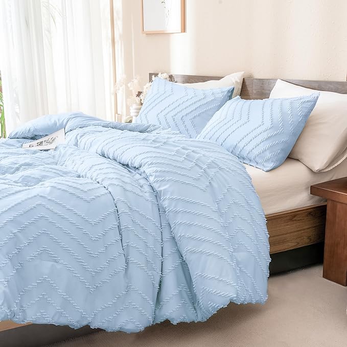 Andency Light Blue Comforter Set Full Size, Boho Soft Warm Tufted Neutral Bedding Comforter Sets for Full Bed, 3 Pieces Aesthetic Chevron Cute Bohemian Textured Bedding Set