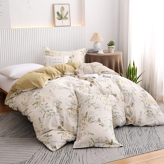 OAITE Duvet Cover Set Queen Size Floral Pattern 600 Thread Count Ultra Soft 100% Long Staple Cotton Duvet Cover Sets 3-PC, Breathable Duvet Cover with Zipper Closure & Corner Ties