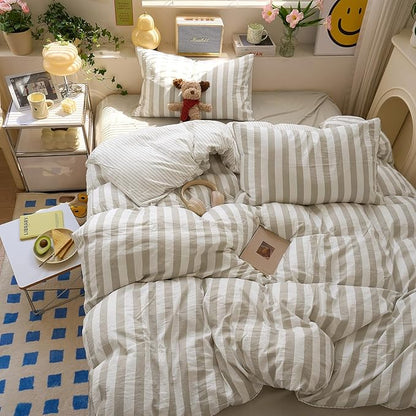 Tan Striped King Size Comforter Set Fluffy Down Alternative Bedding Set Light Brown Boho Cozy Cute Bedding Comforter Sets Soft All Season Farmhouse Breathable Bed Comforter with 2 Pillowcases