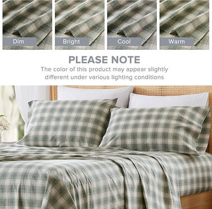 Comfort Spaces 100% Cotton Sheets King, Breathable, Naturally Cool Cotton Sheets, Soft Cotton Bed Sheets with 14" Elastic Pocket Fits up to 16" Mattress, All Seasons Sheet Set, Wesley Green 4 Piece