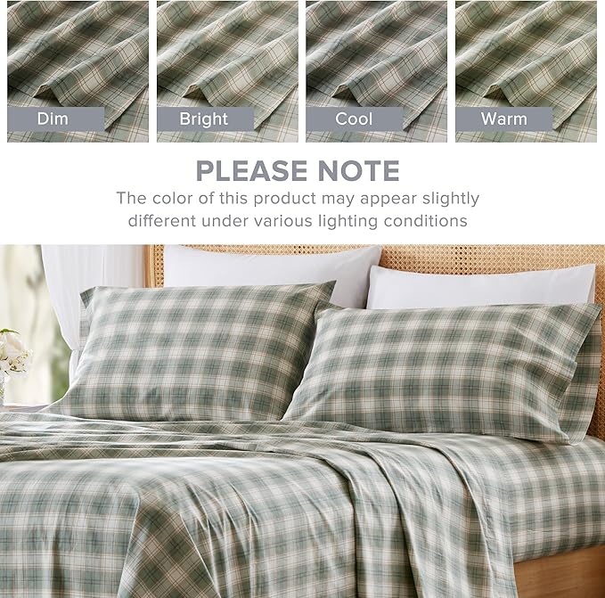 Comfort Spaces 100% Cotton Sheets Twin XL, Breathable, Naturally Cool Cotton Sheets, Soft Cotton Bed Sheets with 12" Elastic Pocket Fits up to 14" Mattress, All Seasons Sheet Set, Wesley Green 3 Piece