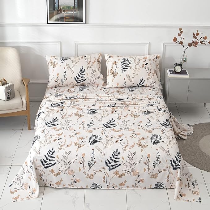 JSD 6 Piece Blush Floral Printed Sheet Set King Size, Soft Boho Botanical Microfiber Bed Sheets Extra Deep Pocket