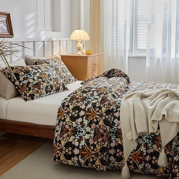 mixinni Vintage Floral Duvet Cover Queen Size Farmhouse Boho Duvet Cover Set Cotton Percale Flowers Pattern Printed Bedding Set with 2 Pillowcases Perfect for Him and Her-Queen Size