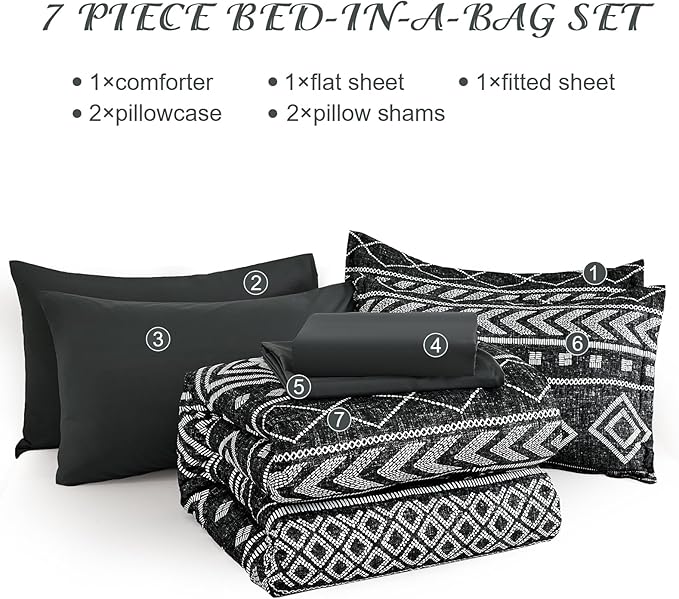 Yiran Boho Twin Comforter Set with Sheets, 6 Piece Black Comforter Bedding Set, Aztec Bed in a Bag, Soft Microfiber Bohemian Striped Complete Bedding Set with Sheets for All Season