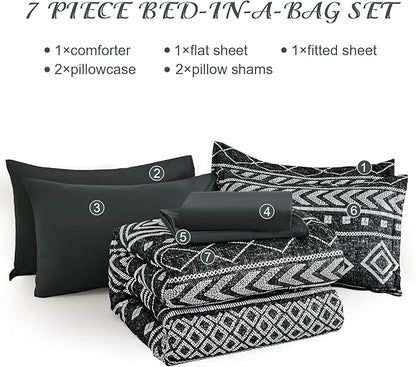 Yiran Boho Twin Comforter Set with Sheets, 6 Piece Black Comforter Bedding Set, Aztec Bed in a Bag, Soft Microfiber Bohemian Striped Complete Bedding Set with Sheets for All Season