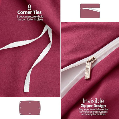 VACVELT 5 Piece Pinch Pleated Duvet Cover Full/Queen Size Set, Burgundy Pintuck Duvet Cover with Zipper & 8 Ties, Shabby Chic Microfiber Duvet Cover + 2 Pillow Shams + 2 Pillowcases, No Comforter