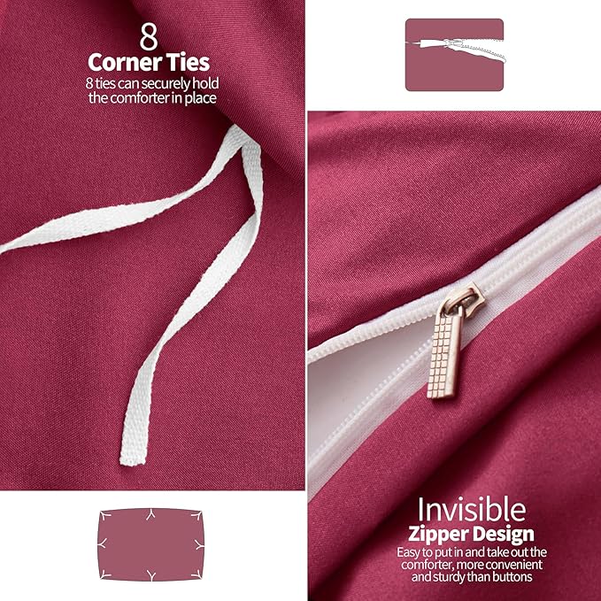 VACVELT 5 Piece Pinch Pleated Duvet Cover King Size Set, Burgundy Pintuck Duvet Cover with Zipper & 8 Ties, Shabby Chic Microfiber Duvet Cover + 2 Pillow Shams + 2 Pillowcases, No Comforter