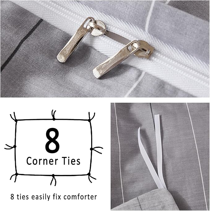 Merryword 100% Cotton Stripe Duvet Cover Set Queen Size - Gray Striped Duvet Cover Set with Zipper Closure & 8 Corner Ties, Modern Minimalist Wide Stripe Bedding Set for Cozy Elegant Bedroom