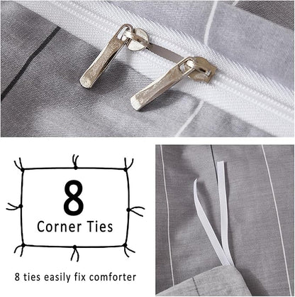 Merryword 100% Cotton Stripe Duvet Cover Set King Size - Gray Striped Duvet Cover Set with Zipper Closure & 8 Corner Ties, Modern Minimalist Wide Stripe Bedding Set for Cozy Elegant Bedroom