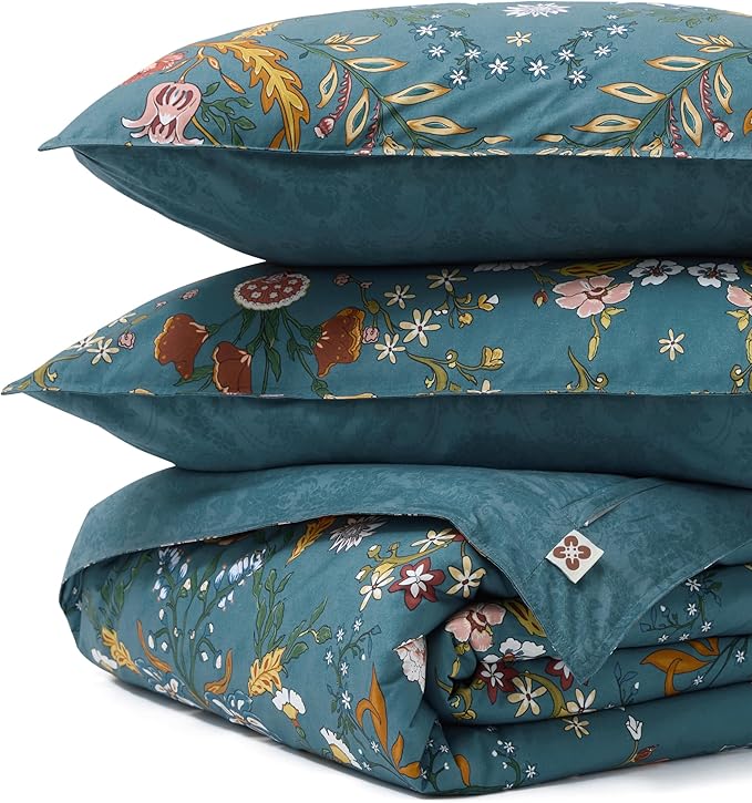 Bedsure Floral Duvet Cover Queen Size - 100% Cotton Reversible Botanical Shabby Chic Duvet Cover Set, 3 Pieces Soft & Breathable PureWoven Bedding Set with 2 Pillow Shams (Vintage Teal Floral 90"x90")
