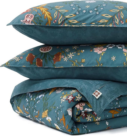 Bedsure Floral Duvet Cover Queen Size - 100% Cotton Reversible Botanical Shabby Chic Duvet Cover Set, 3 Pieces Soft & Breathable PureWoven Bedding Set with 2 Pillow Shams (Vintage Teal Floral 90"x90")