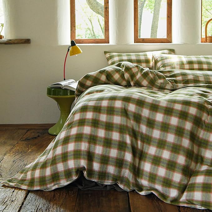 EAVD Vintage Style Gingham Duvet Cover Queen Soft 100% Muslin Cotton Yarn-Dyed Textured Chic Pink&Green Grid Plaid Bedding Set with 2 Pillowcases British-Style Plaid Duvet Cover with Zipper