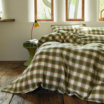 EAVD Vintage Style Gingham Duvet Cover Twin Soft 100% Muslin Cotton Yarn-Dyed Textured Chic Pink&Green Grid Plaid Bedding Set with 2 Pillowcases British-Style Plaid Duvet Cover with Zipper