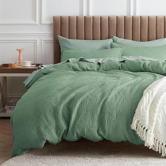 Bedsure Waffle Comforter Set King, Green Soft Bedding, Waffle Weave Bed Set, 3 Pieces, 1 Comforter (104"x90") and 2 Pillow Shams, Cotton Shell and Polyester Lining for All Seasons