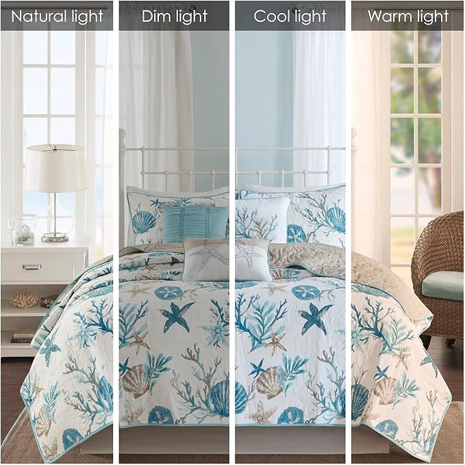 Madison Park Quilt Set Cottage Coastal Design, Starfish Print - All Season Lightweight Coverlet Bedding Layer, Shams, Toss Pillows, Pebble Beach, Aqua, Full/Queen(90 in x 90 in) 6 Piece
