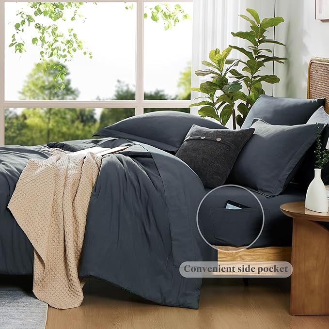 WRENSONGE Full Size Comforter Set- 7 Pieces Blue Grey Bed in a Bag Full Size Comforter with Fitted Sheet, Flat Sheet, 2 Pillow Shams, 2 Pillowcases, Warm Bedding Sets for All Season