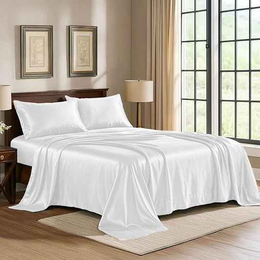 Satin Sheets California King [4-Piece, White] Luxury Silky Bed Sheets - Extra Soft 1800 Microfiber Sheet Set, Wrinkle, Fade, Stain Resistant - Deep Pocket Fitted Sheet, Flat Sheet, Pillow Cases