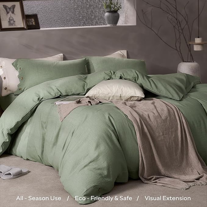JELLYMONI Cotton Duvet Cover Queen Size - Sage Green Comforter Cover with Button 100% Washed Cotton 3PCS Breathable Soft Solid Bedding Set Duvet Cover 90×90in & 2 Pillowcases (NO Comforter)