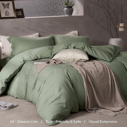 JELLYMONI Cotton Duvet Cover Full Size - Sage Green Comforter Cover with Button 100% Washed Cotton 3PCS Breathable Soft Solid Bedding Set Duvet Cover 80×90in & 2 Pillowcases (NO Comforter)