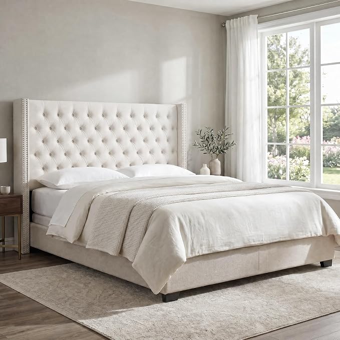 Madison Park King Wingback Upholstered Tufted Headboard, Featuring High-Density Sponge Padding, Adjustable Height Headboard, Easy Assembly, Beige Velvet