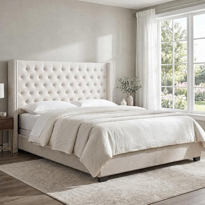 Madison Park King Wingback Upholstered Tufted Headboard, Featuring High-Density Sponge Padding, Adjustable Height Headboard, Easy Assembly, Beige Velvet