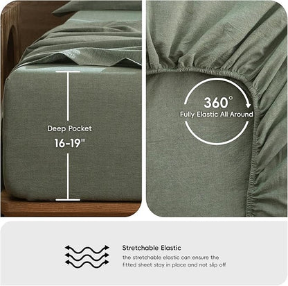 MooMee Bedding Sheet Set 100% Washed Cotton Linen Like Textured Breathable Durable Soft Comfy (Heathered Green, Queen)