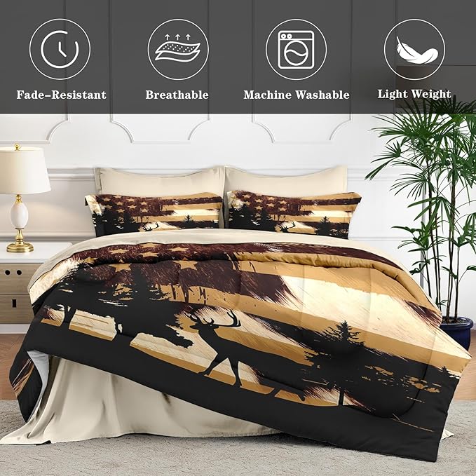 7 Pcs Queen Size Comforter Set with 2 Pillowcases & 2 Shams, Retro Hunting Deer Bedding for Kids and Adults, American Flag Animal Bed in a Bag with Flat Fitted Sheet