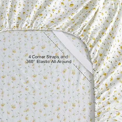 Softan Yellow Floral Sheets for Queen Size Bed Printed Bed Sheets - 4 Piece Soft Microfiber Patterned Fitted Sheets Queen with 15" Deep Pocket and Corner Straps,Cute Flower Sheets & Pillowcase Set