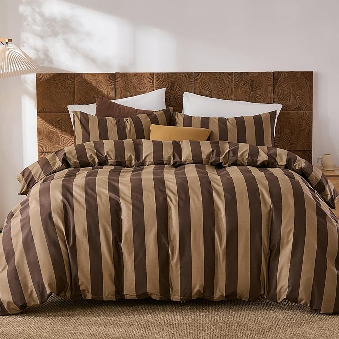 Merryword Brown Striped Duvet Cover Set Queen Size, 100% Natural Cotton Linen Like Duvet Cover Set with Zipper Closure & 8 Corner Ties, Brown Khaki Soft Reversible Bedding for All Seasons