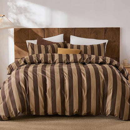 Merryword Brown Striped Duvet Cover Set Queen Size, 100% Natural Cotton Linen Like Duvet Cover Set with Zipper Closure & 8 Corner Ties, Brown Khaki Soft Reversible Bedding for All Seasons