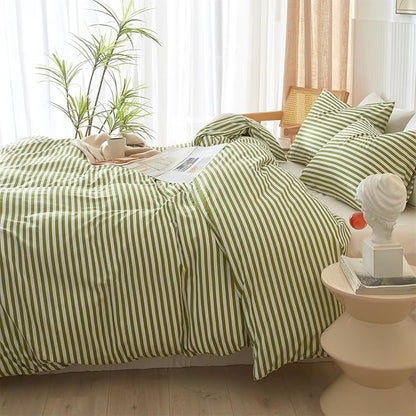 mixinni Striped Comforter Set Twin XL Size - Green White Stripes Pattern Bed Set for All Season, 3 Pieces Lightweight Bedding Comforter Sets for All Seasons (1 Soft Fluffy Comforter + 2 Pillowcases)