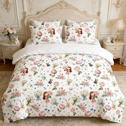 Pink Floral Bed in A Bag King for Girls, 5Pcs Pink Rose Bedding for Kids Kawaii Bedroom Decor, Cute Priness Girly Rabbit Bear Comforter Set with 2 Pillowcases, 104"x90"