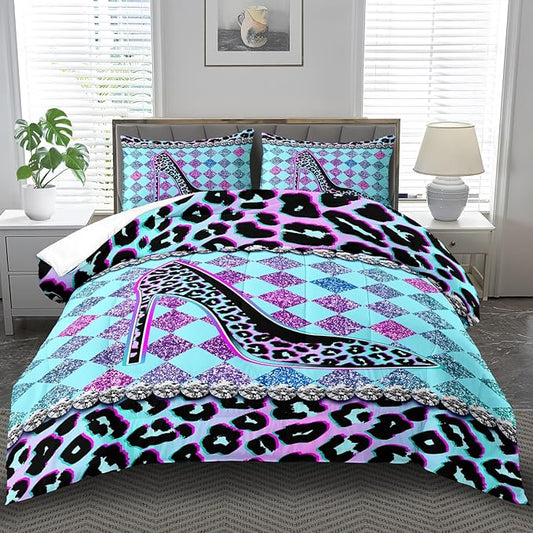 Rainbow Cheetah Print Comforter Set Queen Girls Sexy High Heels Leopard Print Bedding Set Women High Heels Leopard Comforter Quilt Bedroom Decor Animal Cheetah Bedding Bed Decor