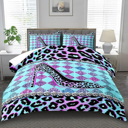 Rainbow Cheetah Print Comforter Set Full Girls Sexy High Heels Leopard Print Bedding Set Women High Heels Leopard Comforter Quilt Bedroom Decor Animal Cheetah Bedding Bed Decor