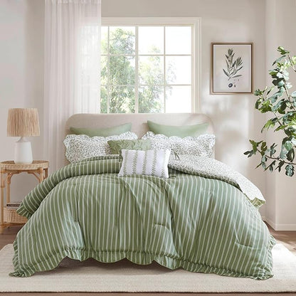 Madison Park 5-Piece Reversible Botanical Comforter Set - Summer Floral Print with Scalloped Edges, Lightweight Bedding with Decorative Pillows, King, Sage Green | Reversible, Lightweight