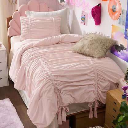 Bedsure Ruched Comforter Set with Bow Trim Pink, GentleSoft™ 3 Pieces Bow Shabby Chic Bedding Pink Room Decor, Twin/Twin XL Dorm Boho Bedding for Girls, 1 Bed Comforter, 1 Pillow Shams, 68x88 Inches