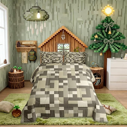 Pixelated Miners Blocks Kids Bedding Set King Size,Patchwork Square Video Games Comforter Set,Geometric Patchwork Grid Quilt Comforter,Light Gray Bedroom Duvet Insert,2 Pillowcases