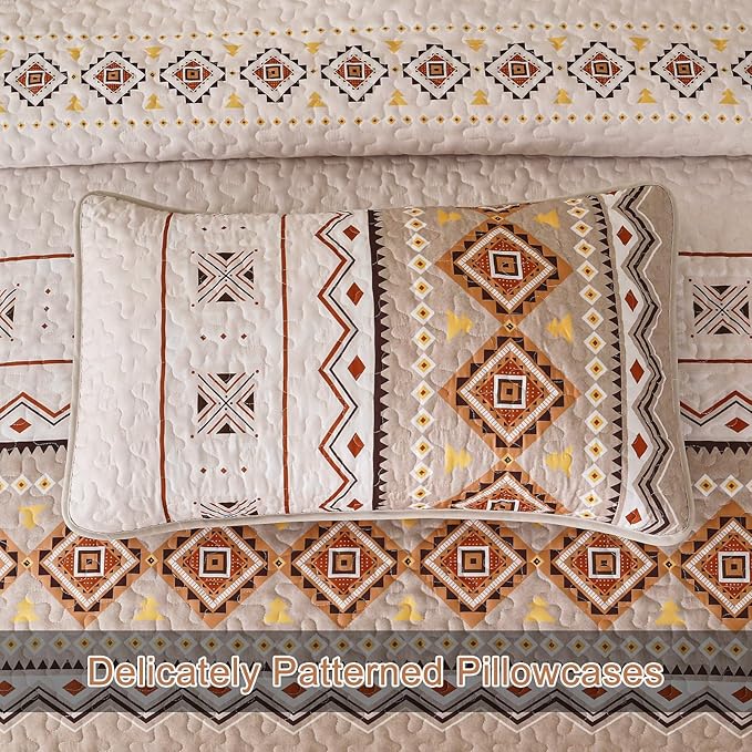 WONGS BEDDING Boho Beige Quilt Set King Size,Geometry Printed Bedspread Coverlet Set with 2 Pillowcases,Soft Bohemian Bedding Set King 104"×90"
