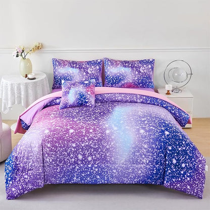 RYNGHIPY 6Pcs Girls Bedding Set Full Size Purple Rainbow Comforter Set for Kids Teens Girls Glitter Bed in a Bag Lightweight Fluffy