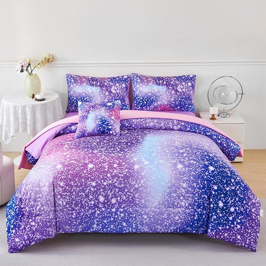 RYNGHIPY 6Pcs Girls Bedding Set Full Size Purple Rainbow Comforter Set for Kids Teens Girls Glitter Bed in a Bag Lightweight Fluffy
