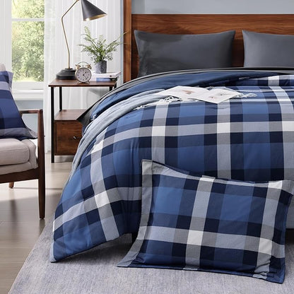 MaiRêve Full Size Plaid Comforter Set Indigo Blue, Classic Checkered 7 Pieces Bedding Set for Boys Girls Teen, All Season Lightweight Bed in A Bag with Sheets, Pillowcases & Shams