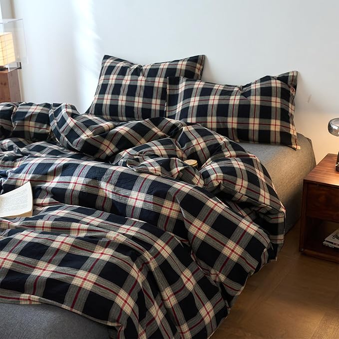 EAVD Vintage Black Plaid Gingham Comforter Set Twin XL Soft 100% Washed Cotton Black&Green&Red Grid Checkered Bedding Set with 2 Pillowcases Farmhouse Retro Plaid Comforter Set for All-Season