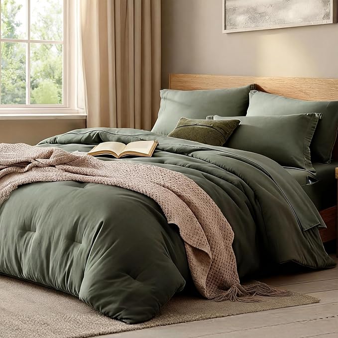 WRENSONGE Twin XL Comforter Set, 5-Piece Olive Green Bedding Collection with Sheets and Pillowcases