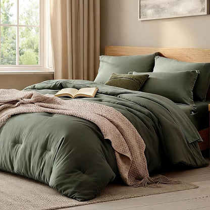 WRENSONGE Full Size Comforter Sets, 7 Pieces Olive Green Bed in a Bag with Fitted Sheet, Flat Sheet, 2 Pillow Shams, 2 Pillowcases, Warm Bedding Sets for All Season